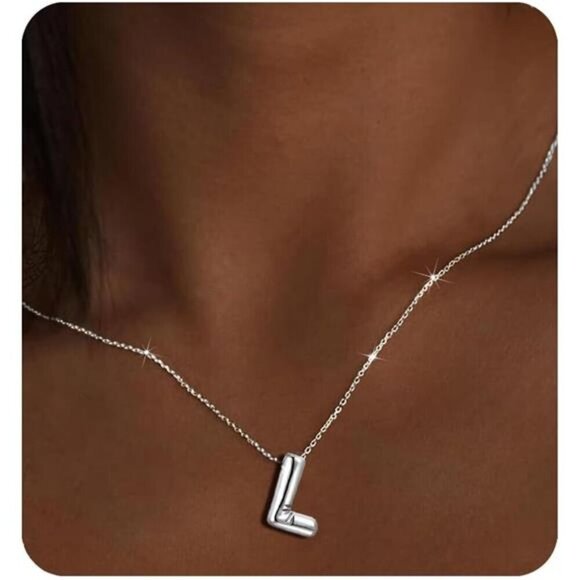 Silver Initial Pendant Necklace – Personalized Letter “L” Trendy Stuffed Bubble - Picture 1 of 5